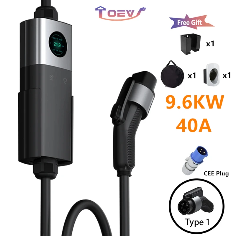 TOEV Portable EV Charger Wallbox J1772 Cable 40A 9.6KW with CEE Plug EVSE Type 1 Charging Box Type1 Adapter for Electric Vehicle