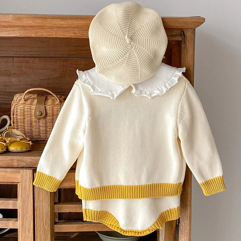 Autumn Winter Newborn Baby Girls Knitting Clothing Set Floral Embroidery Cardigan+Jumpsuit Infant Baby Knitted Clothes Suit