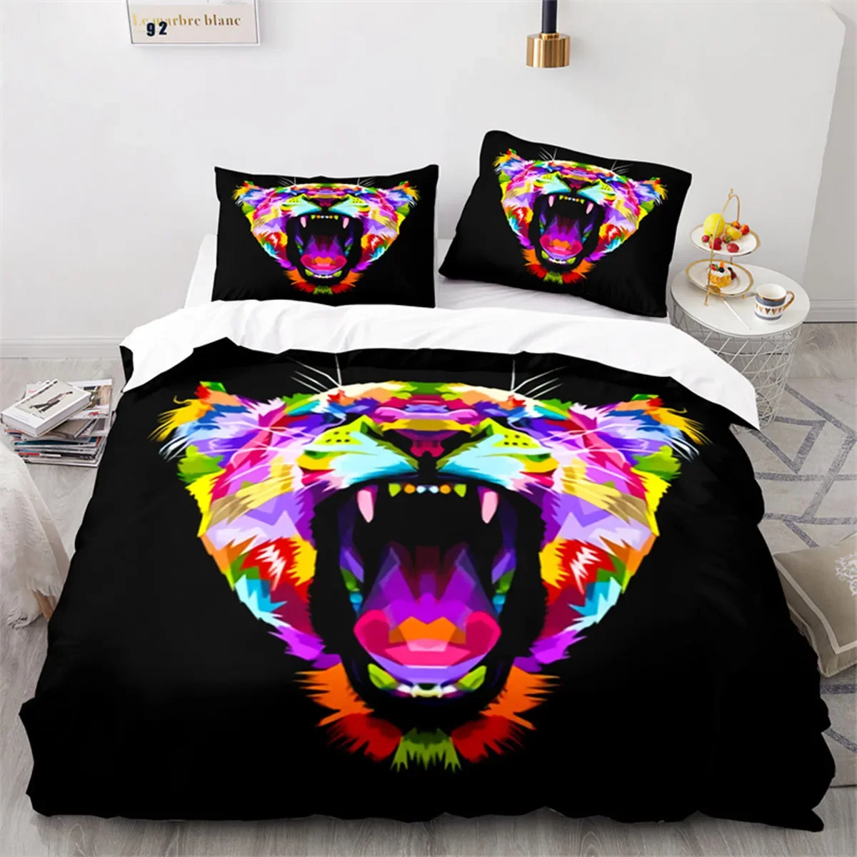 Fierce Colorful Lion Leopard and Tiger Head 3D Lion Duvet Cover Microfiber Wild Animals Theme for Teen Boys Young Man Room Decor