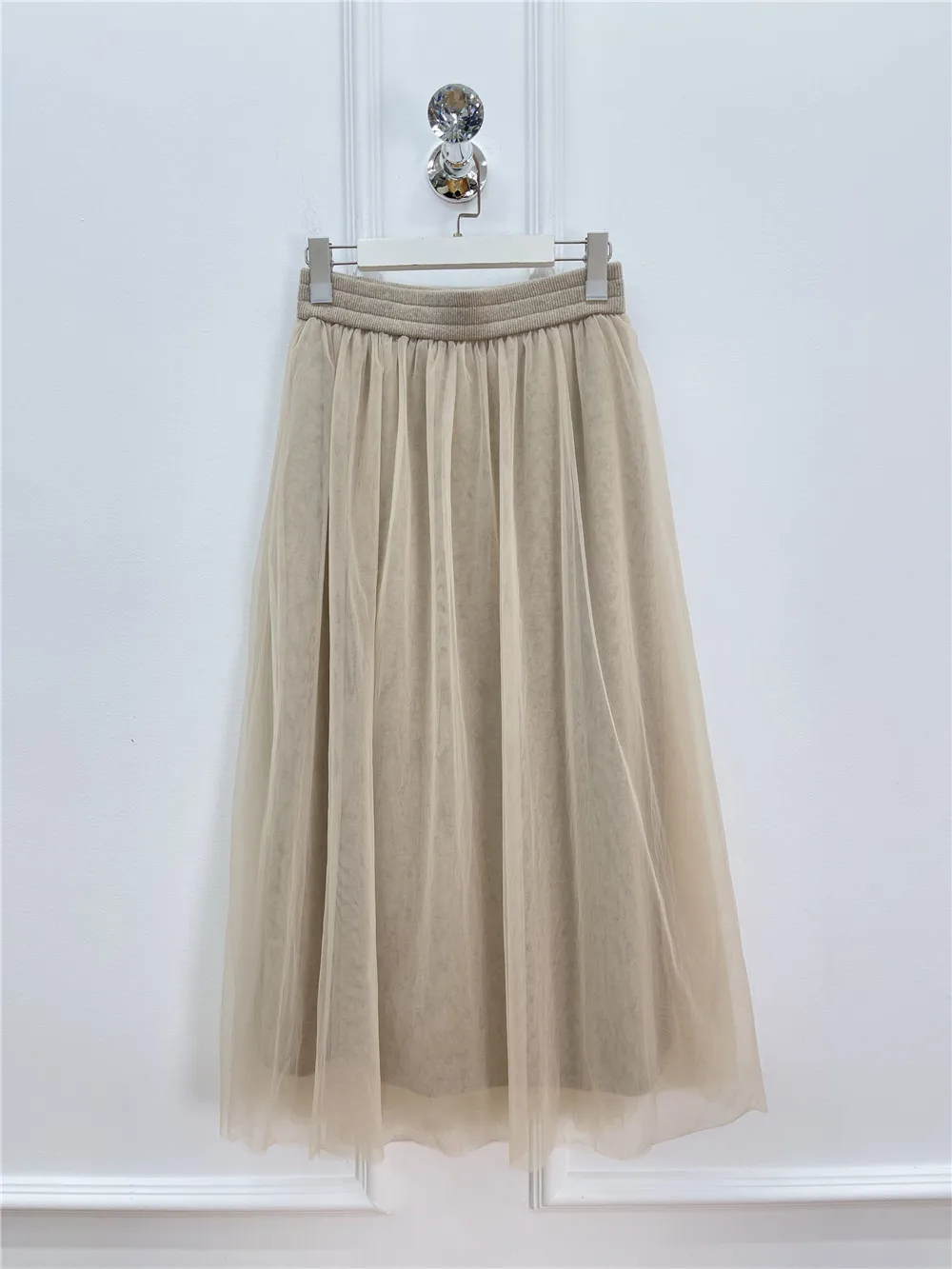 25 Autumn New Women's Cashmere Mesh Elastic Waist Skirt