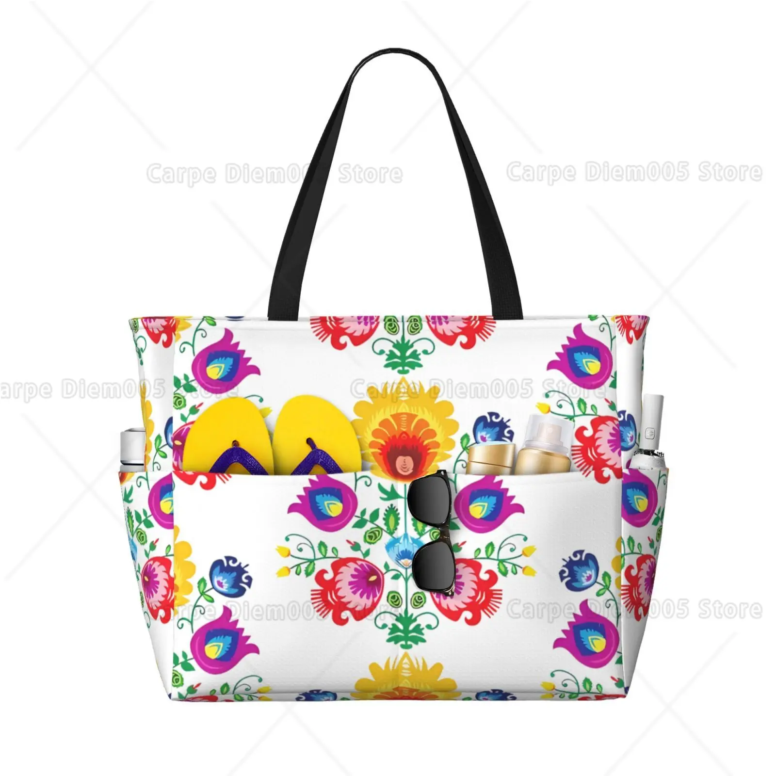 Bright Folk Boho Floral Beach Bag Sandproof Beach Tote Pool Bags for Women Compatible with Cup Foldable for Weekender Travel