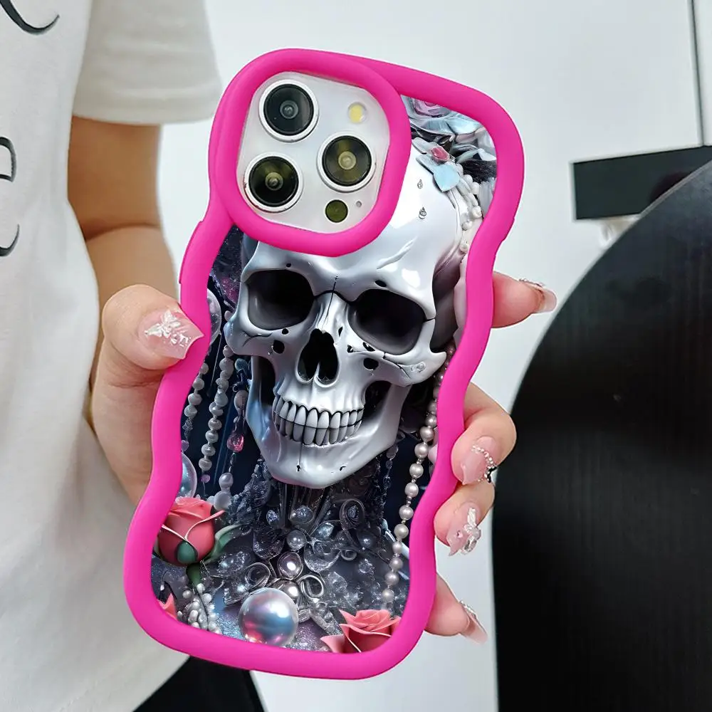 

Роскошный серебристый чехол для телефона с черепом для iPhone 17 16 15 14 13 12 11 Air Pro Max Plus, с волнистым краем, из ТПУ, разноцветный, люксовый