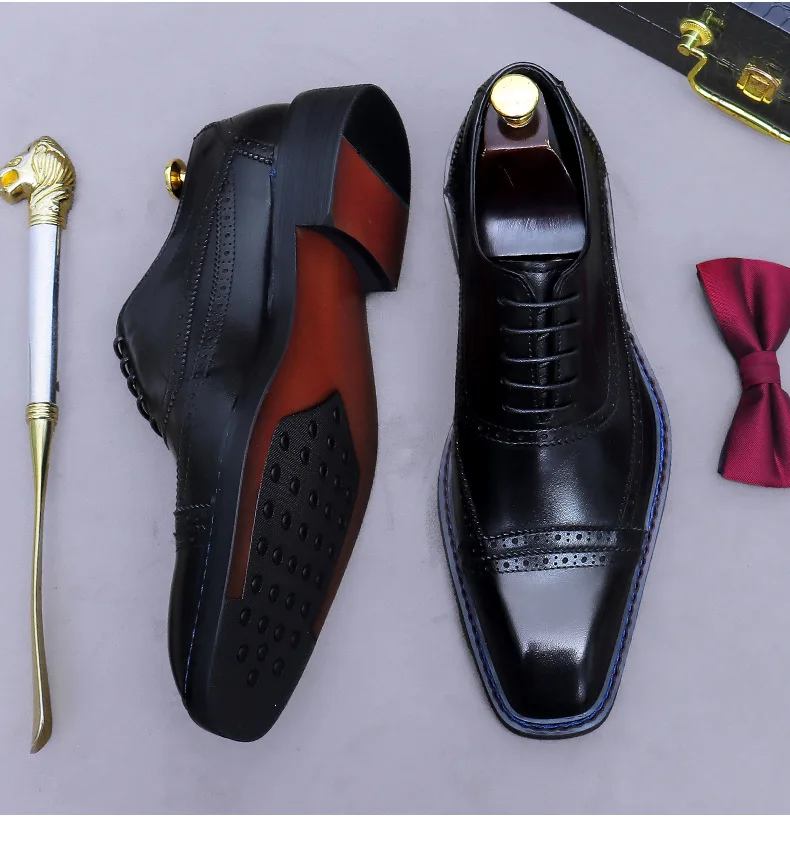 Classic Brown Leather Cap Toe Brogue Oxford Shoes Men Blue Welt Stitching Formal Dress Shoes for Business Wedding Special Events