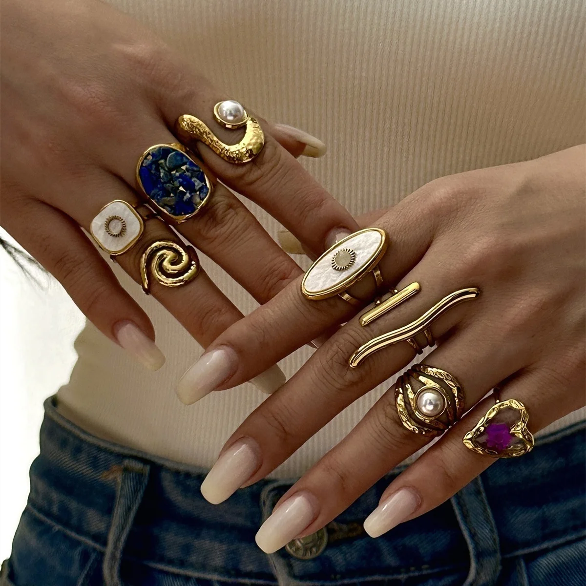 Ästhetische, natürliche Kieselsteine, spiralförmige, imitierte Perlen, strukturierte, gewellte Ringe für Damen und Herren, Edelstahl, geometrischer Ring, Schmuck. – Detail 7
