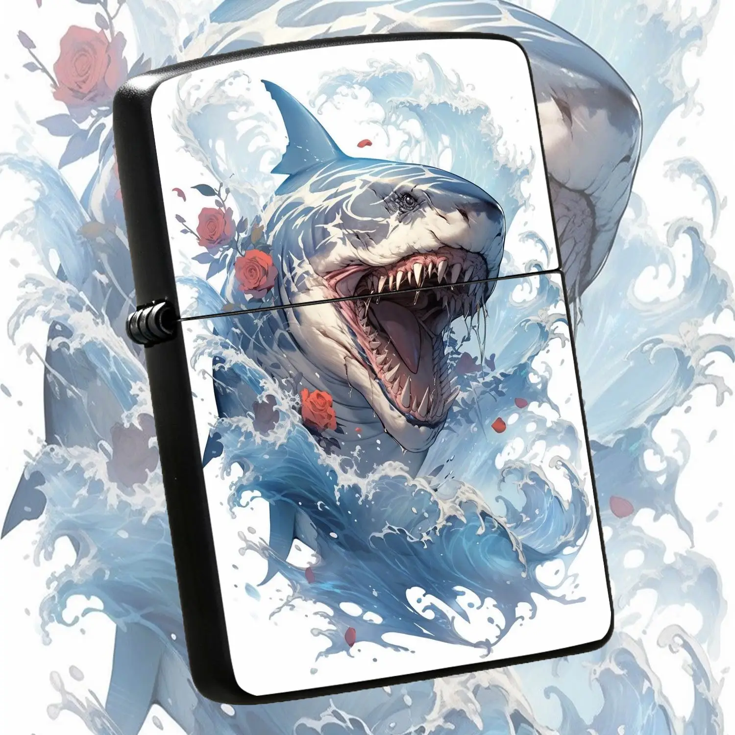 Creative Great White Shark Rose Printed Lighter, Artistic Wave Pattern Decor Portable Igniter, Stylish Atmospheric Daily Carry Tool for Outdoor Camping Home Use, Versatile Practical Nice Gift for All Scenarios A Humorous And Interesting Li