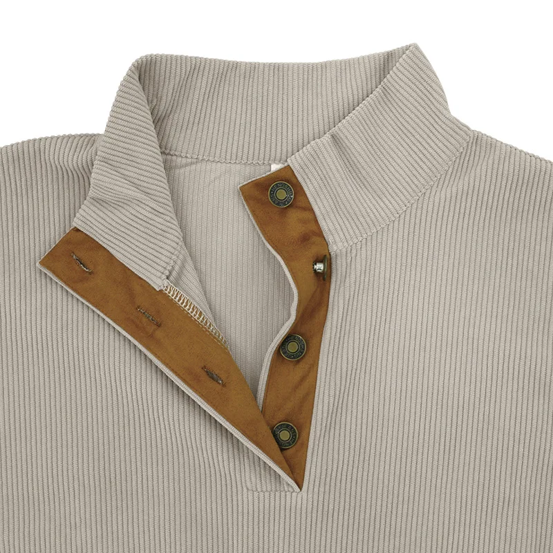 Frühling und Herbst Europäisches Herren-Outdoor-Casual-Sport-Sweatshirt mit Knopfleiste und Stehkragen aus lockerem Cord mit Farbblockmuster – Detail 9