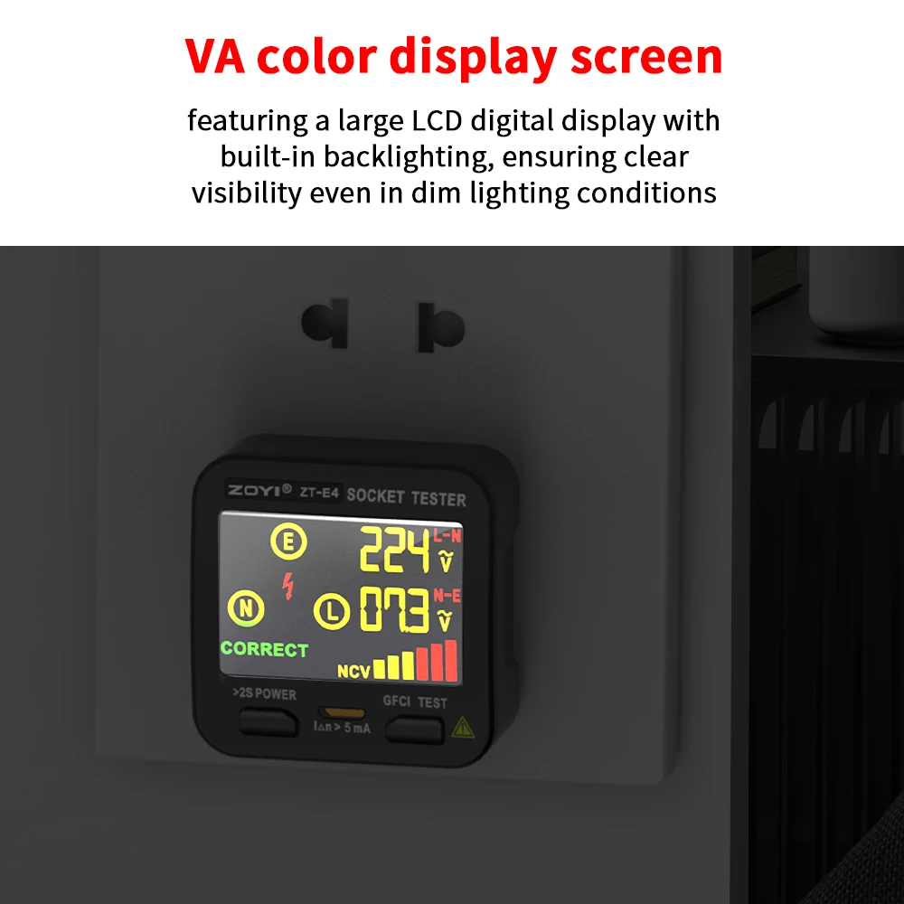 ZOYI ZTE4 Digital Outlet Tester RCD GFCI NCV Tester Large Screen Outlet Tester US Plug Ground Neutral
