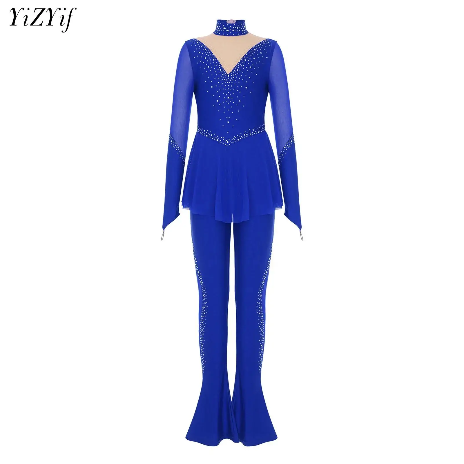 Girls Figure Skating Gymnastics Leotard Shiny Rhinestones Long Sleeves Sheer Mesh Jumpsuit Ballet Dance Acrobatics Yoga Costume