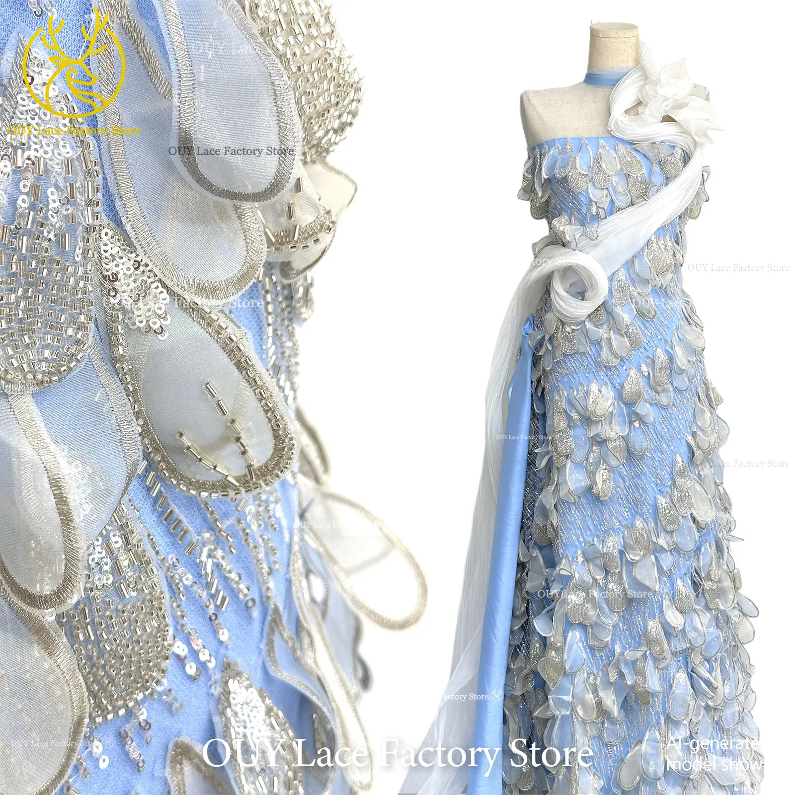 

Exclusive Custom High-End 3D Embroidery Lace Fabric African Beaded Sequins Lace Fabric French Tulle Lace For Wedding Party Dress