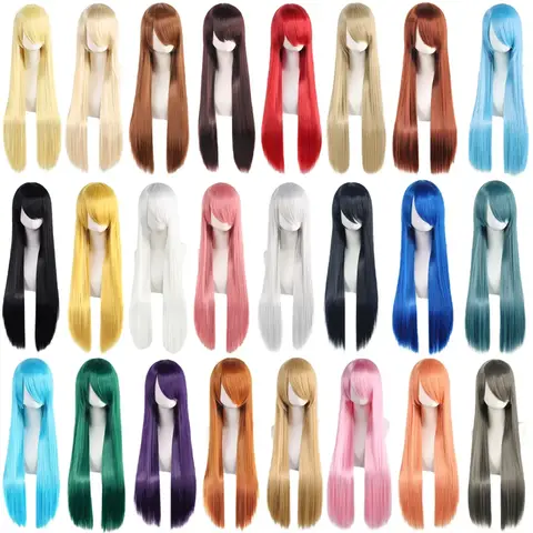 80cm Long Straight Synthetic Cosplay Wig With Bangs White Green Silver Pink Heat Resistant Lolita Anime Halloween Party Costume
