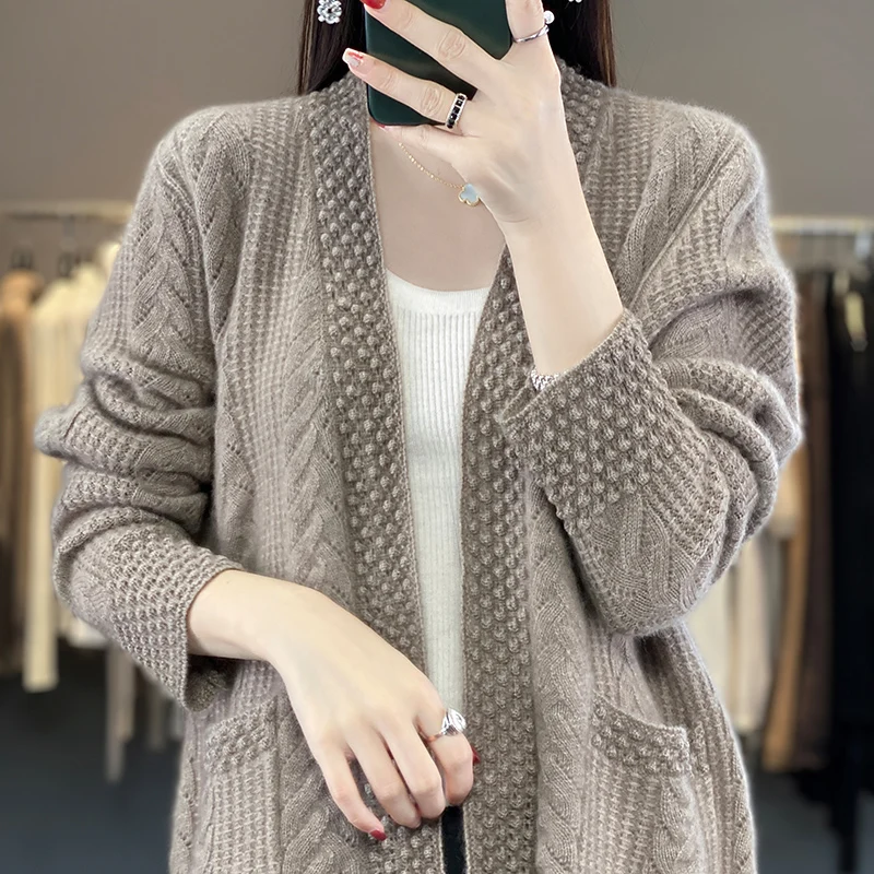 Fall Winter New Sweater Women\'s Long Sleeve Solid Color Cutout Jacquard 100% Pure Wool Genuine Loose Pocket Korean Cardigan Top