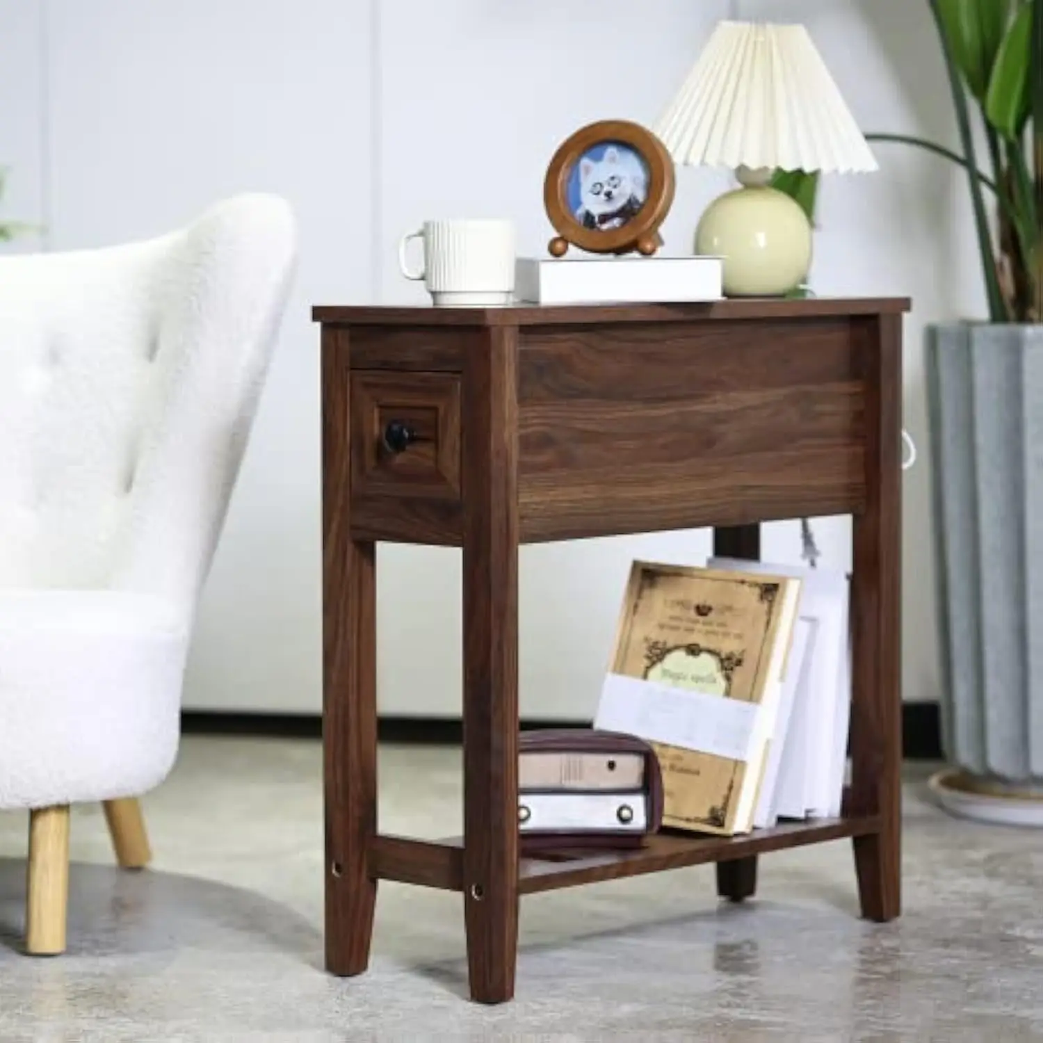 

Chairside Narrow End Table, Solid Recliner Side Table with Drawer, Slim Nightstand Bedside Table for Living Room Bedroom