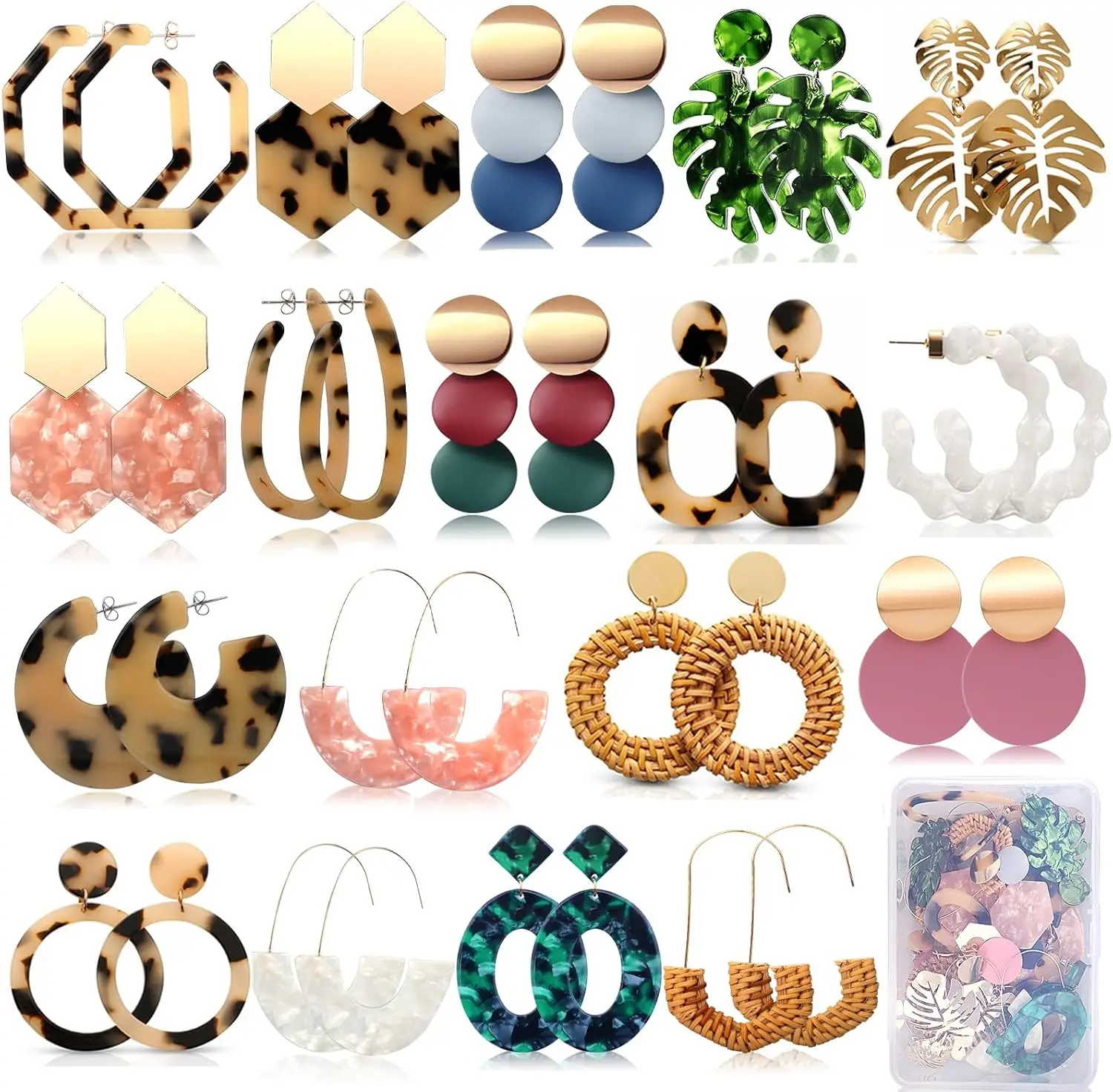 

18 Pairs Handmade Straw Rattan Acrylic Resin Hoop Dangle Earrings Set Hypoallergenic Vacation Jewelry for Sensitive Ears