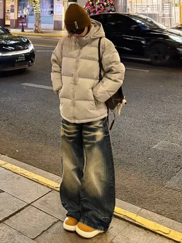 

Винтажные потертые джинсы American Sle, женские свободные прямые брюки с высокой талией, осенне-зимние повседневные брюки