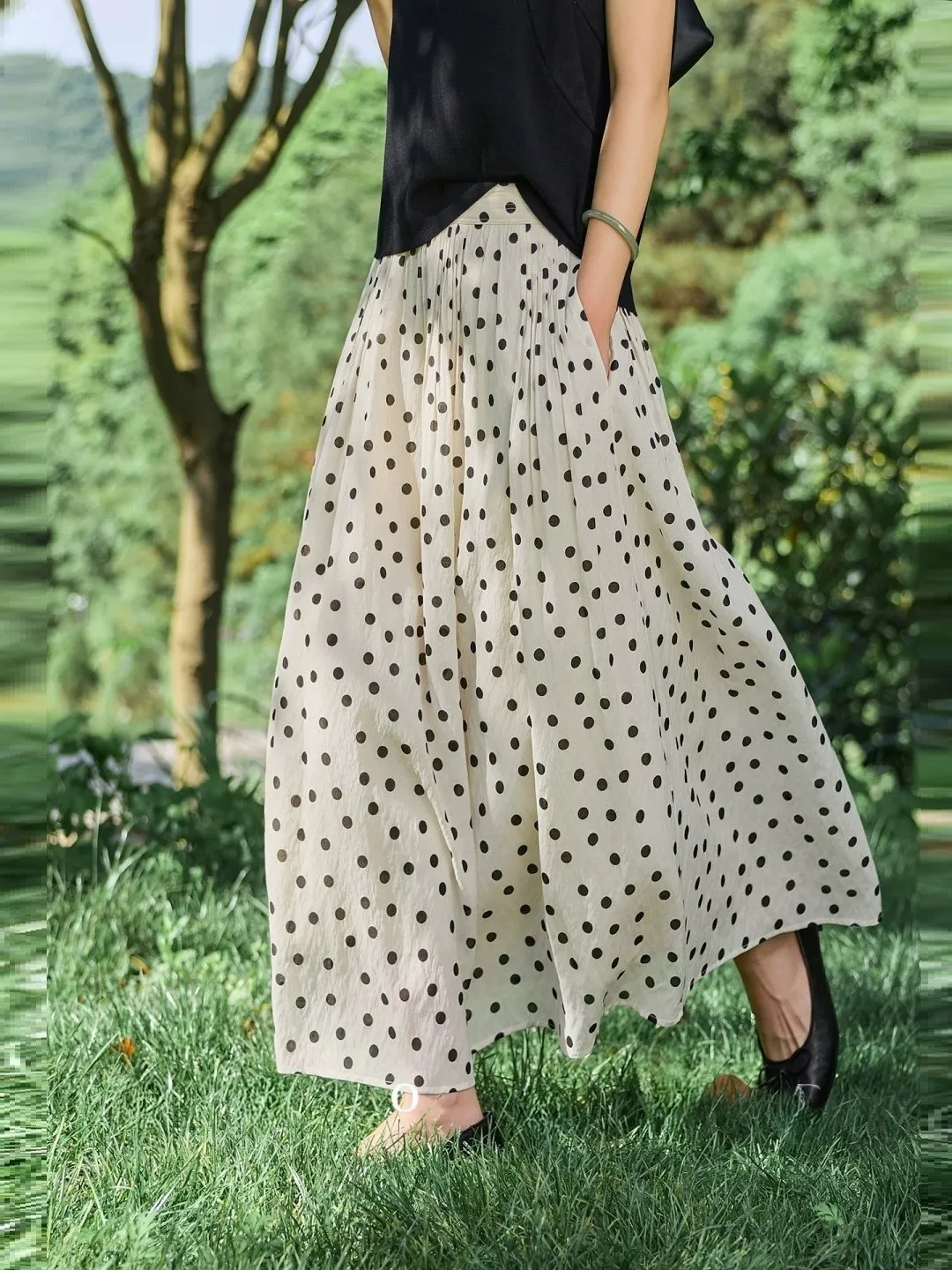 Elegant High Waist A-Line Midi Skirt Women's Cotton Linen Polka Dot Print Casual Commute Skirt for All Ages And Seasons