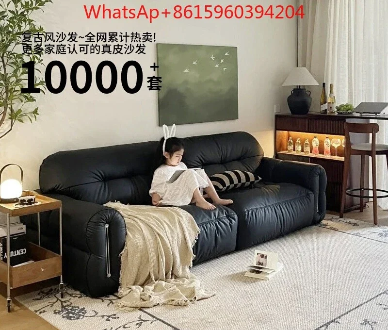 Medieval black leather sofa living room 2025 new living room Italian minimalist down brown sugar sofa large sitting deep