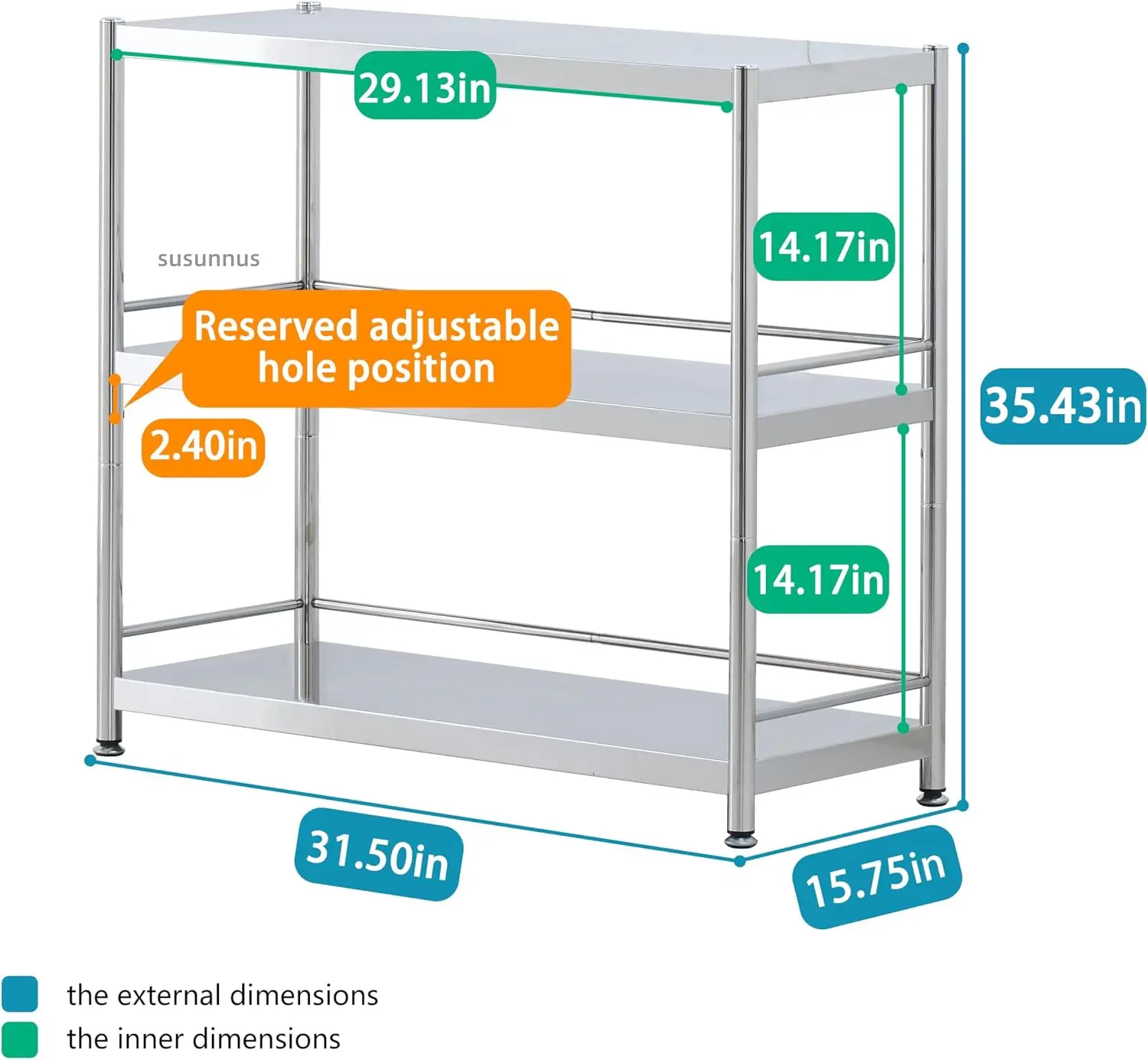 Brushed Steel Storage Shelving Unit Adjustable Height Guardrails Feet Industrial