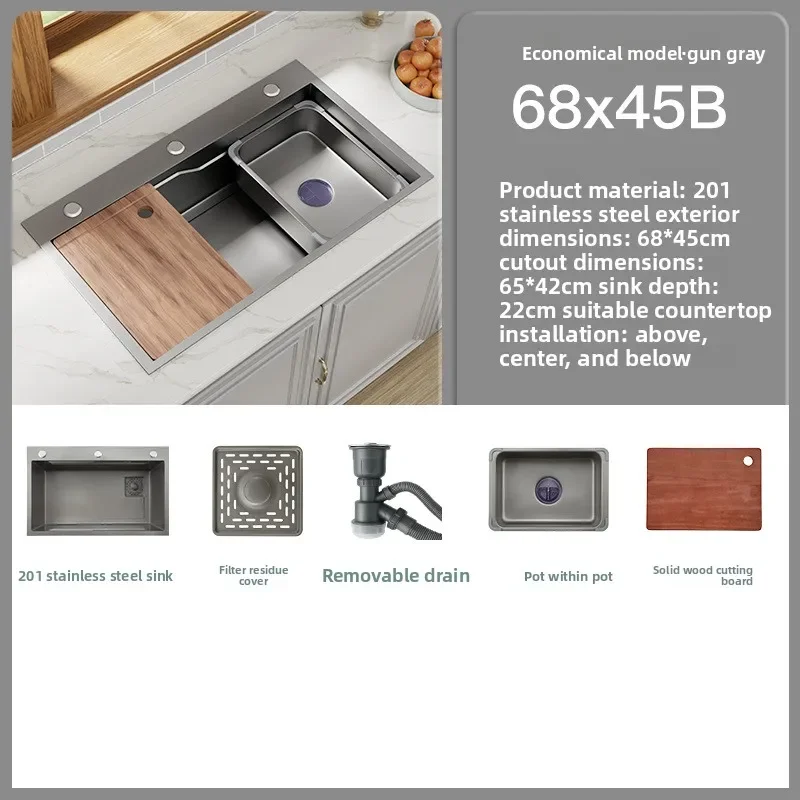 Nano Gun Gray Kitchen Sink Single Bowl 304 Stainless Steel Handcrafted Undermount for Home Use US European Markets Sink