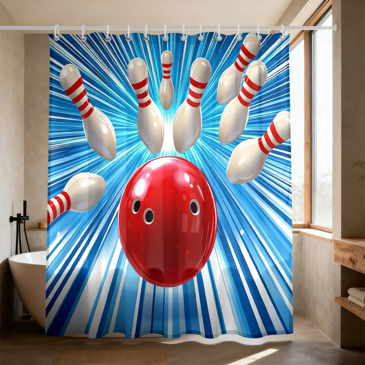 Cool Bowling Sport Pattern Red Bowling Ball Knocking Over Pins Blue Radial Stripe Background Bath curtain, Soft Warm Throw