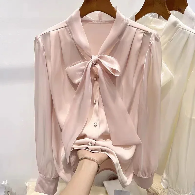 เสื้อชีฟองผู้หญิง แขนยาว แต่งริบบิ้น เสื้อผู้หญิงสไตล์เกาหลี แฟชั่นเสื้อเชิ้ตและเสื้อเบลาส์ ฤดูใบไม้ร่วง 2024 เสื้อผ้าผู้หญิง