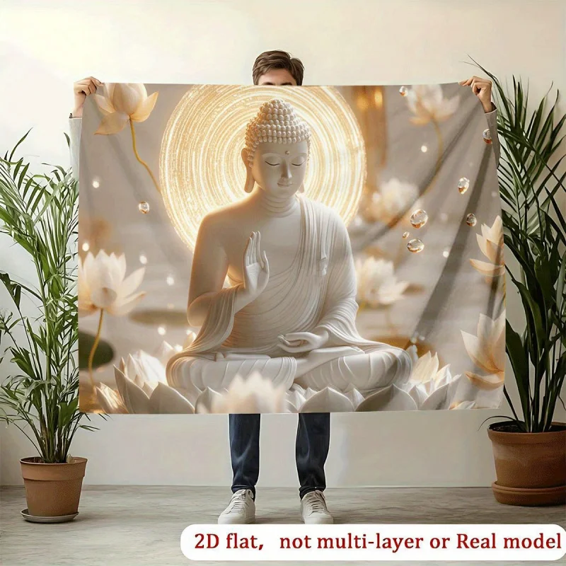 VIKAMA Minimalist Zen White Buddha Lotus Tapestry Wall Hanging For Yoga Studio Meditation Space Tea Room Home Decor Accent Cloth