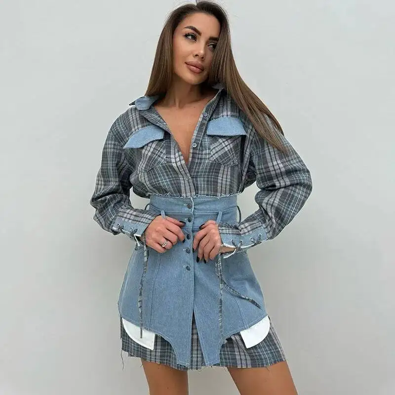 

Lapel Color Blocked Waist Cinching Irregular Hem Short Skirt Set Woman Loose Long Plaid Shirt Patchwork Women Denim Suits