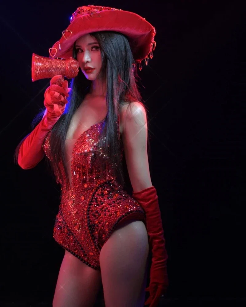 Tanzkostüm, komplett mit Strasssteinen, mehrfarbig, eng anliegender, sexy Jumpsuit mit Handschuhen und Hüten, Bühnen- und Party-Outfit – Detail 7