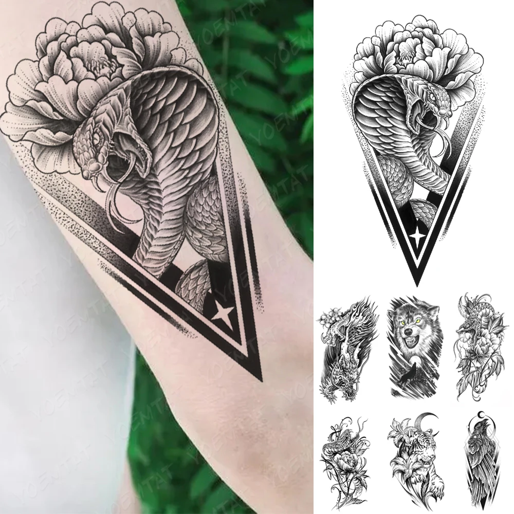 

Waterproof Temporary Tattoo Sticker Snake Cobra Dragon Wolf Peony Flower Arm Sleeve Flash Tatoo Body Art Fake Tattoos Women Men