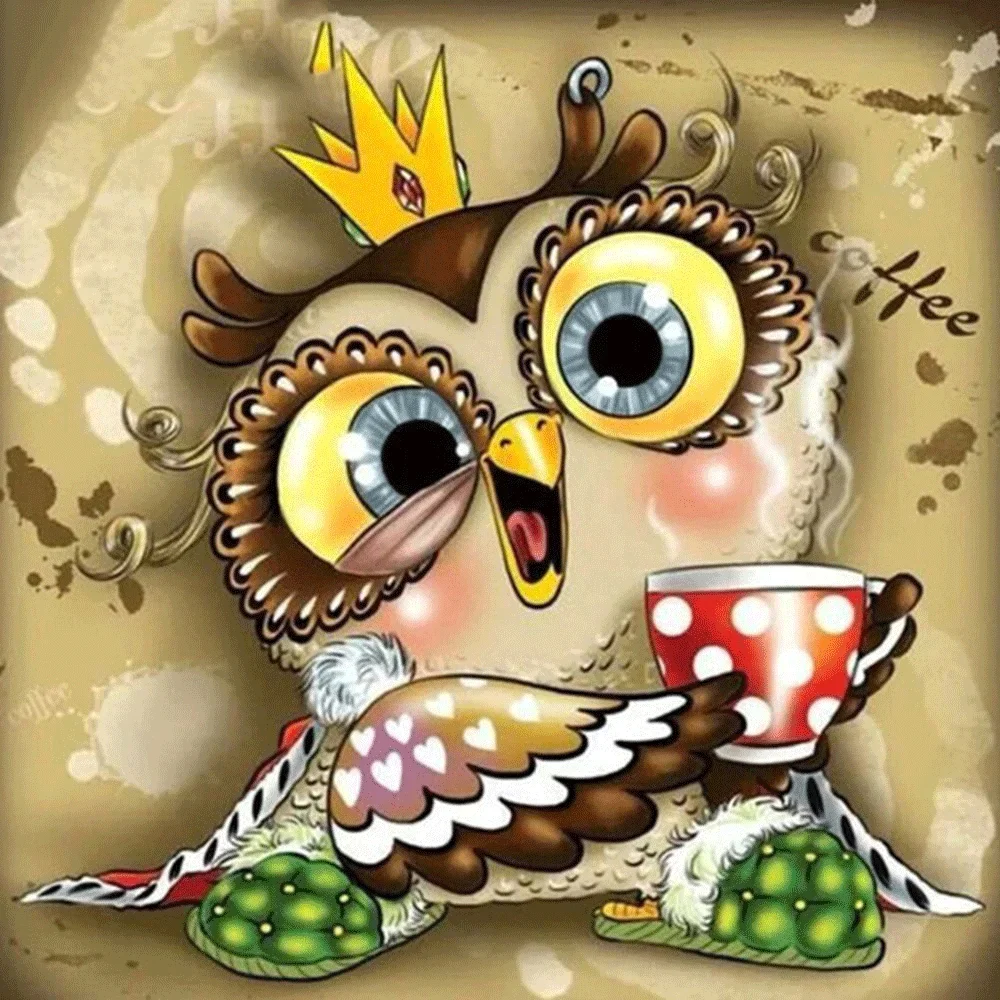 Owl  with coffee Full  Diamond Painting Cartoon Diy Diamond Mosaic Picture for kinderzimmer  Handmade Gift