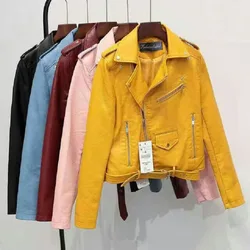 Y2k Ladies Coat 2024 Spring Autumn New Candy Color Handsome Motorcycle Belt Detachable Epaulettes Motorcycle Jacket Leather Jack