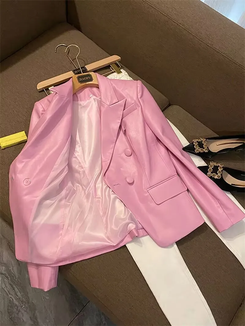 Women\'s Short Pink Jacket, PU Artificial Leather Blazer, Long Sleeve, Slim, Luxury Jackets, Female Coat, Street Fashion, Autumn