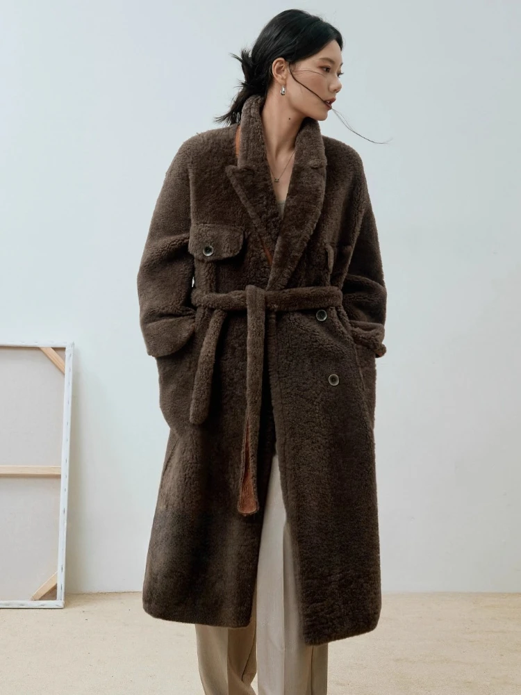 High-end Luxury Natural Lacon Lamb Fur Long Winter Jackets for Women Simple Fluffy Warm Genuine Leather Real Fur Coat with Belt