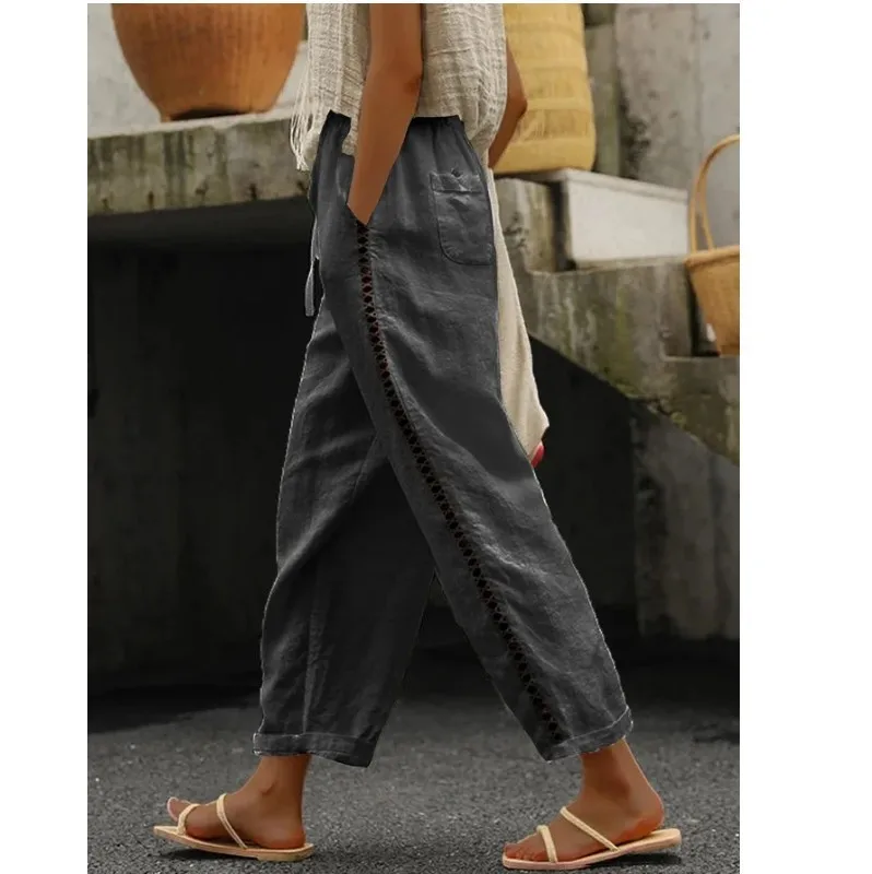 New Casual Lace Hollow Splice Cropped Pants Women's Fashion High Waist Trousers Splice Design Ankle-Length Pants