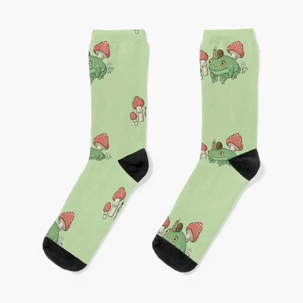 Cute Frog with Snail Hat and Mushrooms - Cottagecore Aesthetic Toad - Goblincore Fairy Grunge - Forest Themed Toadstool Fu Socks