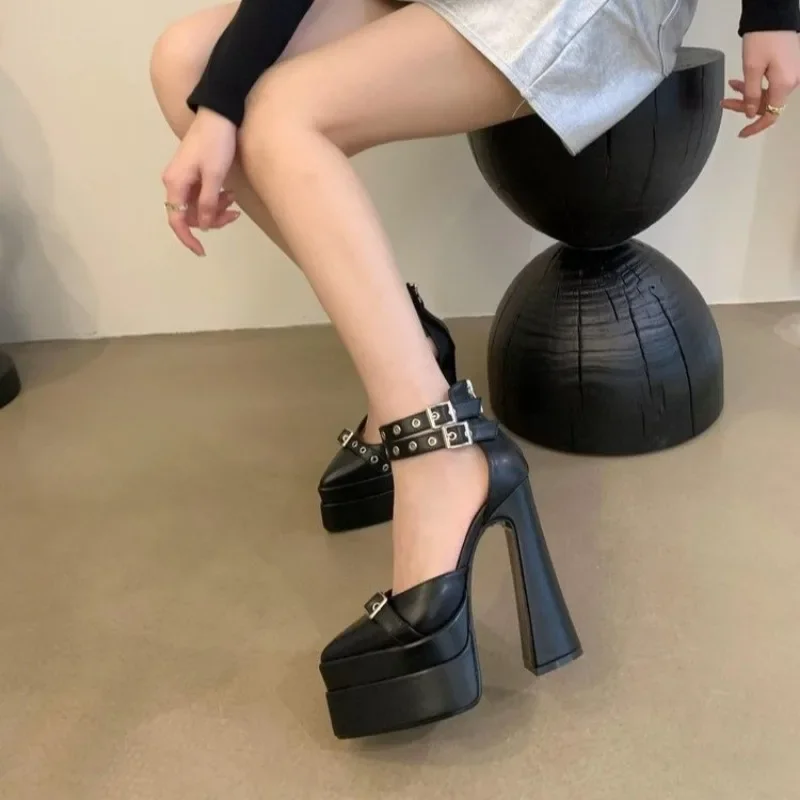 2025 Ladies Shoes Ankle-wrap Women's High Heels Platform Party Pumps Women Rivet Pointed Toe Super High Buckle Strap Shoes Women