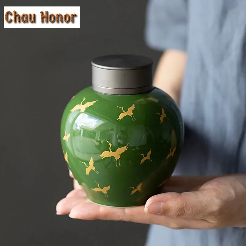 Retro Emerald Gold Crane Art Ceramic Tea Pot Household Double-layer Sealed Pot Small Convenient Tea Moisture-proof Storage Caddy