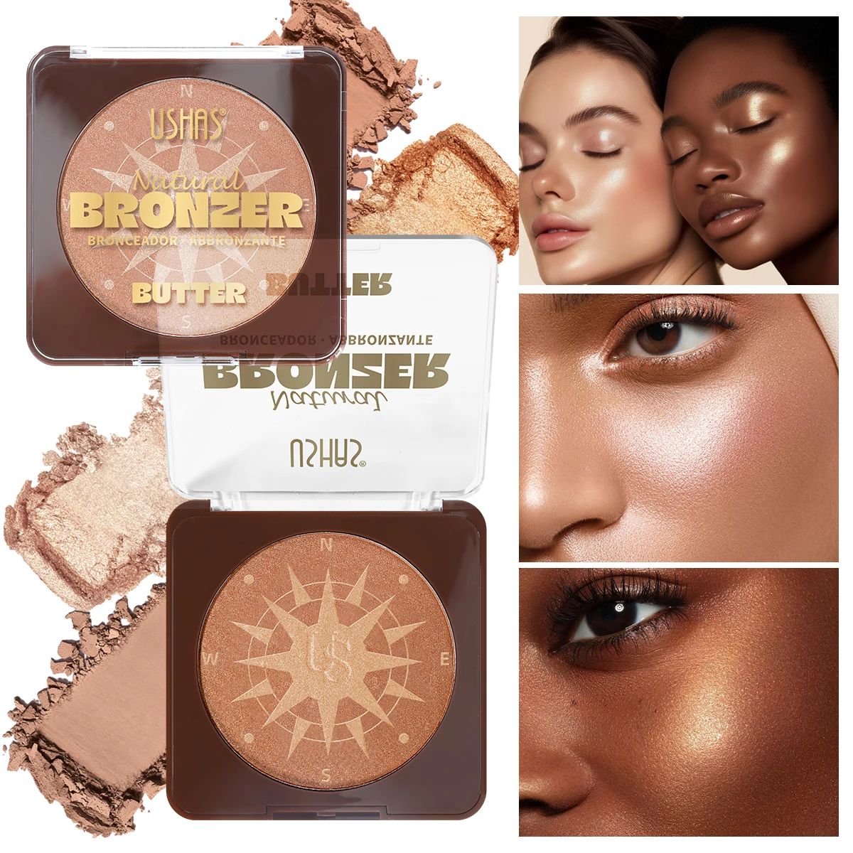 USHAS 하이라이터 파우더, 두 가지 색상, 자연스러운 광채, 고발색 및 지속력, 크림 포뮬러, 필수 아이템