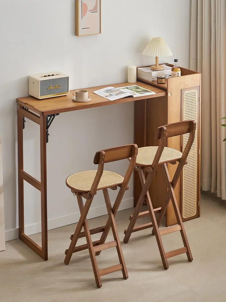 Solid wood foldable bar table Household small apartment retractable living room high table rattan balcony dining table