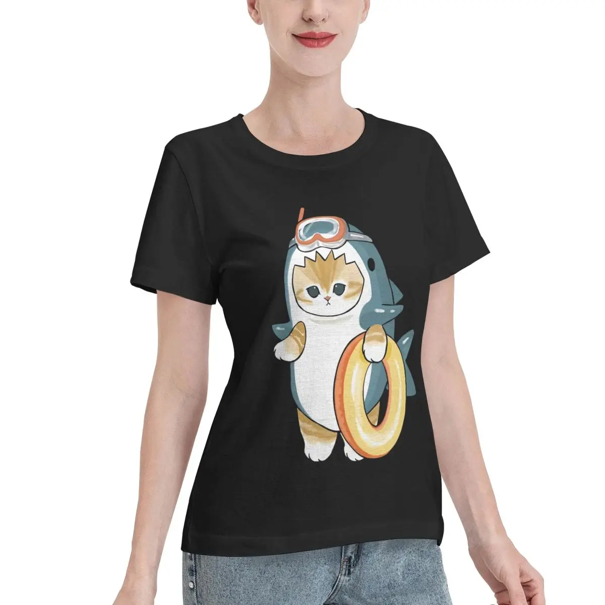 Ootd Favorite Mofusand - Beach Shark Cat Women's T-shirt Outdoor Activity Basic Tops For Women