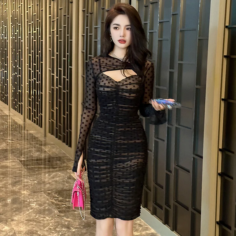 

Fashion French O-neck Mesh Dress Hollow Out Sheer Slim Pencil Sexy Short Dresses Daring Autumn and Winter New Solid Black Dress