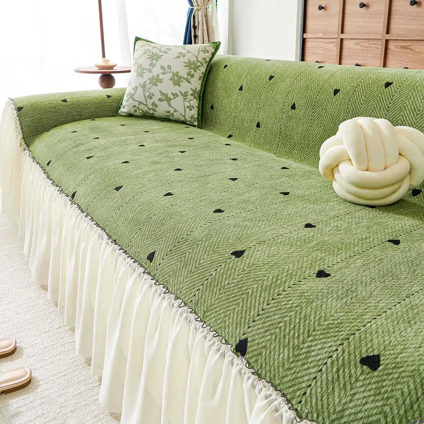 Fresh Sweet Striped Sofa Towel Chenille Material Ruffle Edge Yarn Skirt Settee Mat Anti Slip Wear Resistant Straight Couch Cloth