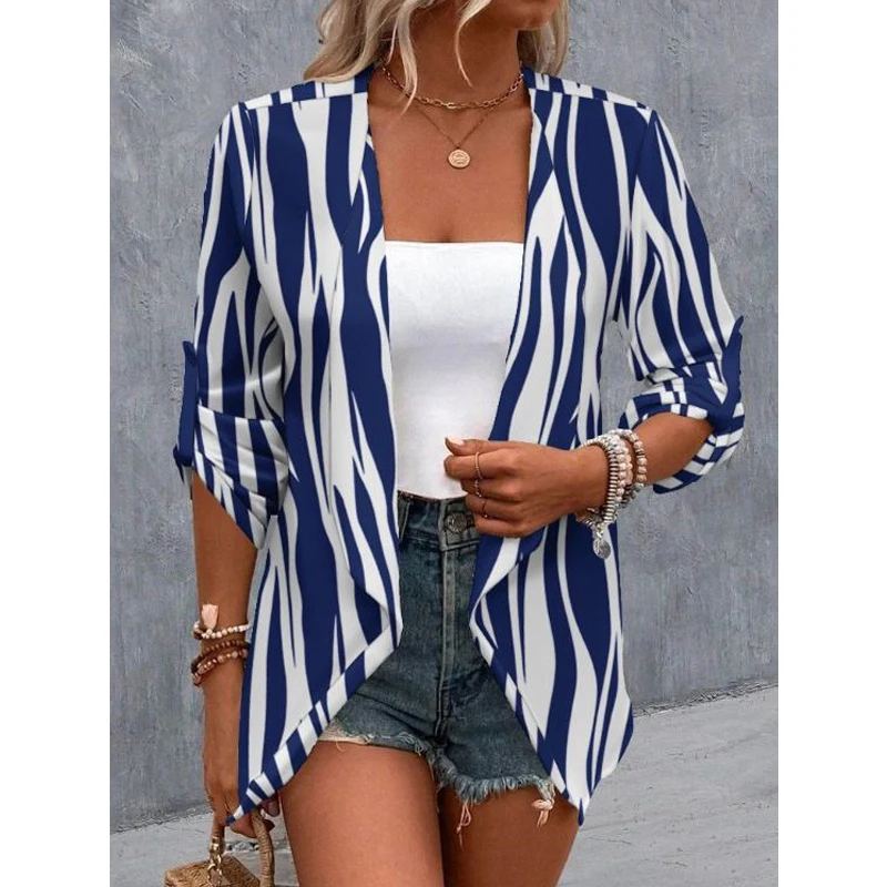 Women Elegant Fashion Print Hollow Asymmetrical Cardigan Jacket Autumn Office Lady Long Sleeve Casual Tunic Coats Ropa De Mujer