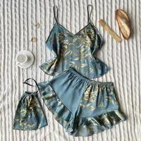 3 Pcs Summer Women Dress Silk Pajamas Fashion Print Suspenders and Shorts With Hanging Bag Home Wear Set Sexy