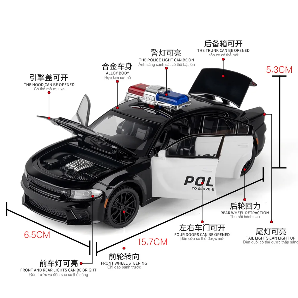 1:32 Autko policyjne, samochód sportowy, model Muscle Car ze stopu, z dźwiękiem i światłem, napęd pull-back, zabawka dla dzieci, kolekcjonerski, prezent urodzinowy