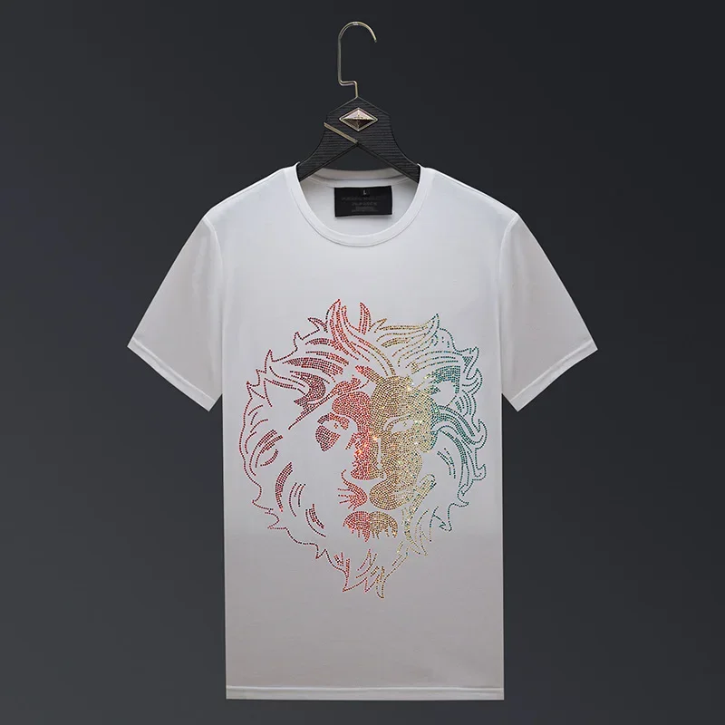 Colorful Lion Cartoon Rhinestones T Shirts Men Fashion Streetwear O Neck Short Sleeve Slim Tee Shirt Homme Camiseta Masculina