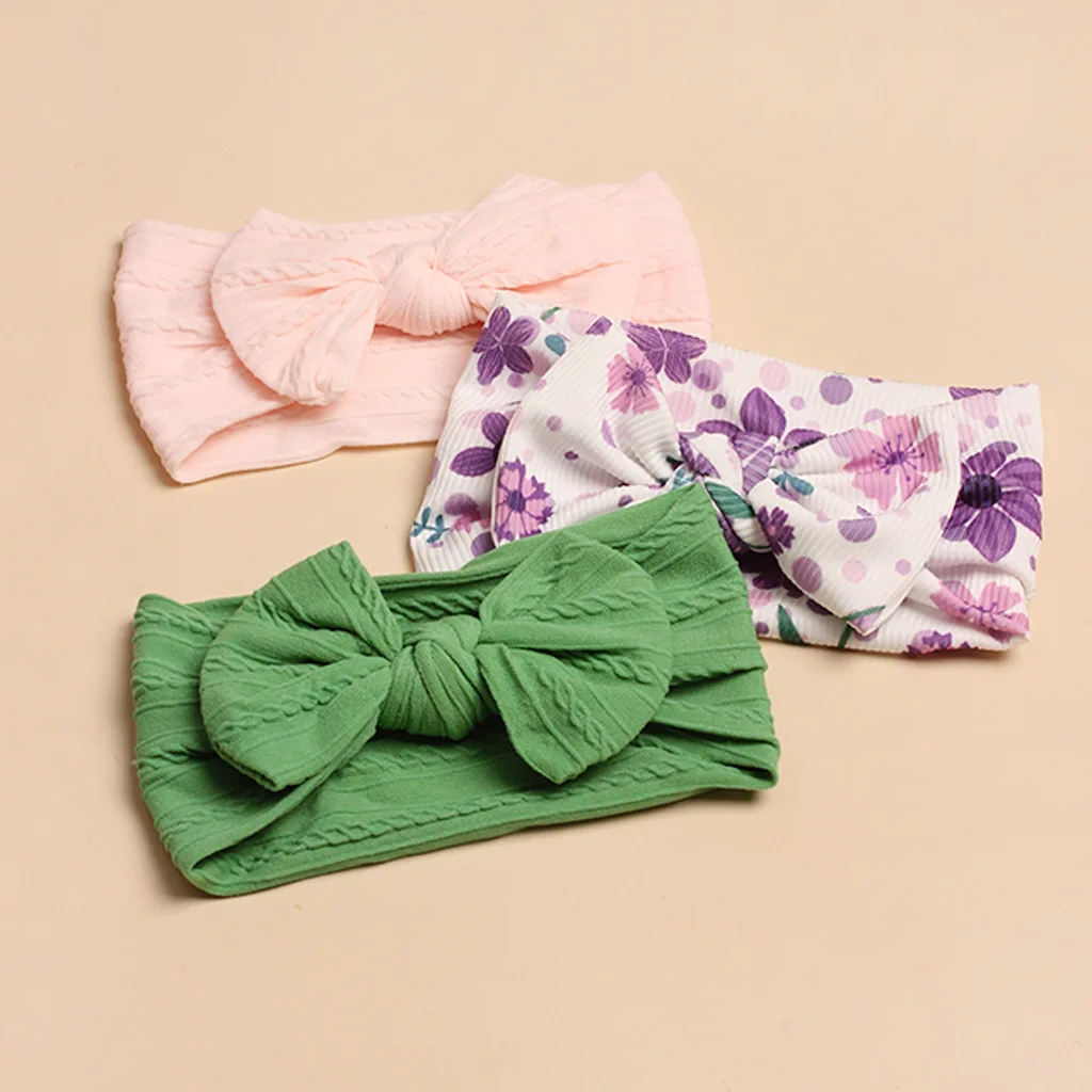 3Pcs Bow Stretch Headbands Cable Knit Floral Print Wide Soft Hair Wraps Women Daily Casual Shower Gift Hair Accessories