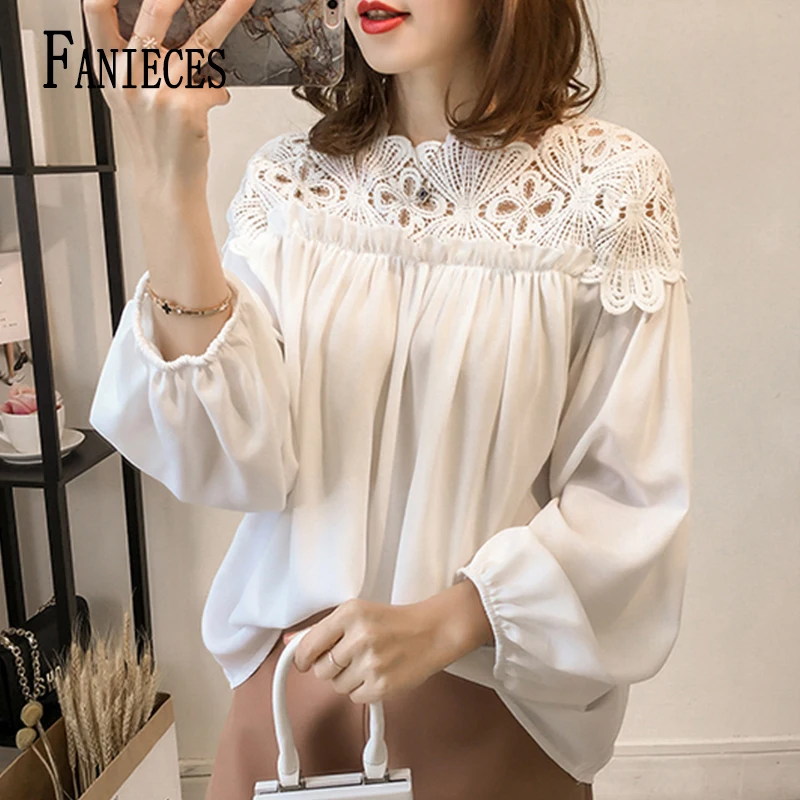 PLAZSON shirts & blouses Spring Hollow Out Lace Patchwork Blouse Autumn Button White Top Women Blusas Long Sleeve Shirt