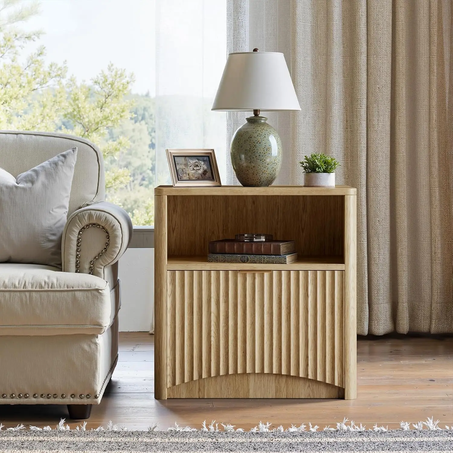 مجموعة منضدة Evermagin Fluted مكونة من 2، طاولة بجانب السرير من خشب البلوط الطبيعي مع درج وتخزين، طاولة نهاية خشبية حديثة في منتصف القرن