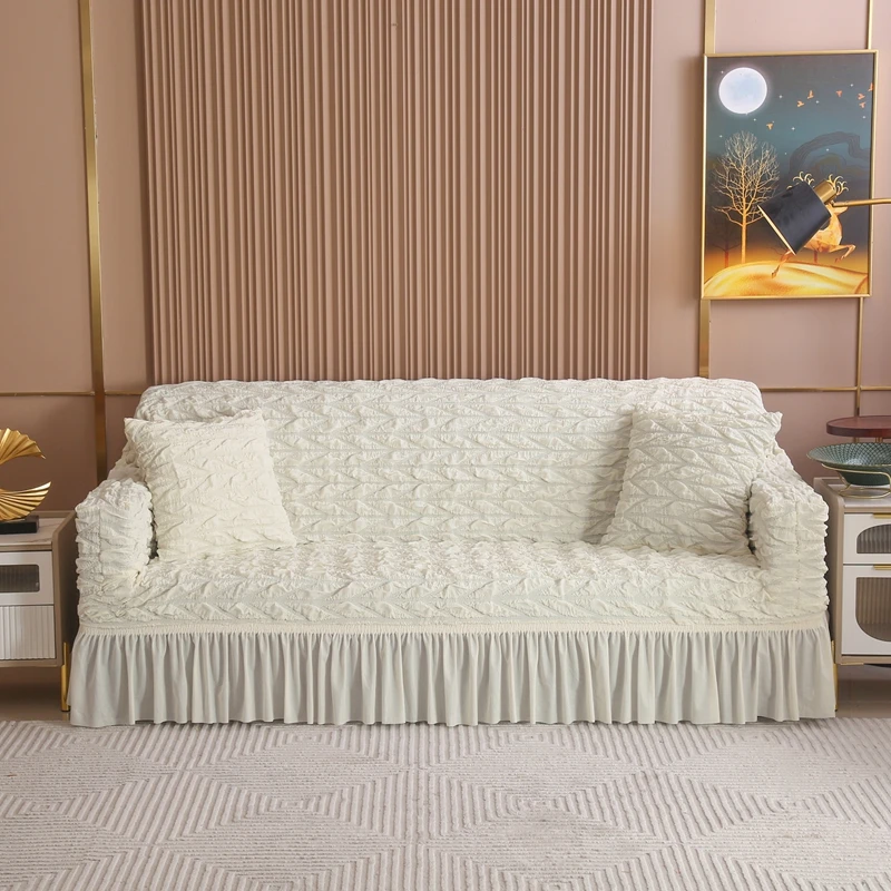 Stretch Sofa Cover Seersucker Bubble Grid Fabric High Elasticity Washable Skirt Design Durable Furniture Protector Slipcover