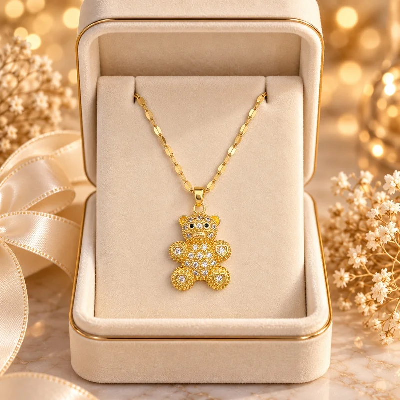 Cute Sculpted Bear Pendant Necklace, Elegant Luxe Style Collarbone Jewelry for Everyday Outfits, Date Nights and Gifts